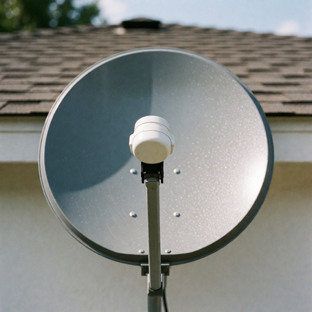 White high-gain satellite dish with LNB mounted on a tiled roof against a white wall under natural light