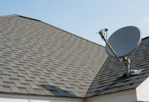 Newly installed satellite dish on a gray shingled roof under a clear blue sky, showcasing professional antenna installation services for homes.