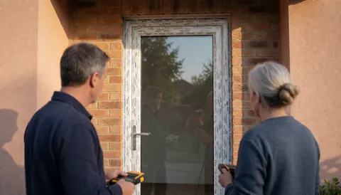 Two workers check a newly installed glass door on a brick house with terracotta finish during sunset.