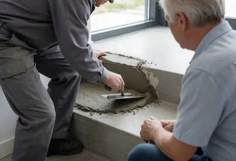 A professional carpenter applies mortar to a concrete staircase with a trowel while a client observes the repair work.