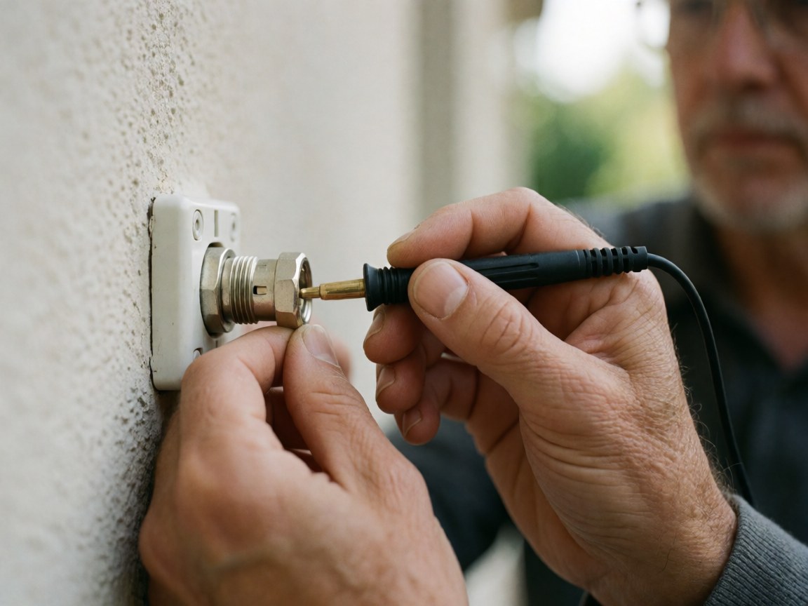 Close-up of an antenna installer's hands using a multimeter to test a coaxial jack connection on a wall.