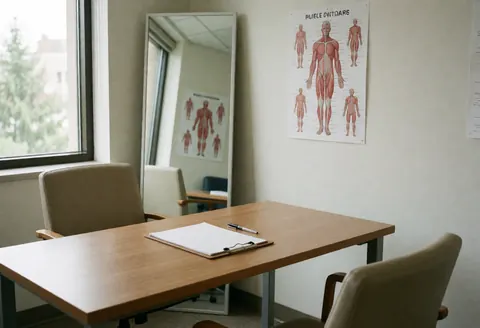 Professional deep tissue massage treatment room featuring a massage table, wall mirror, and visible muscular anatomy poster for client education.