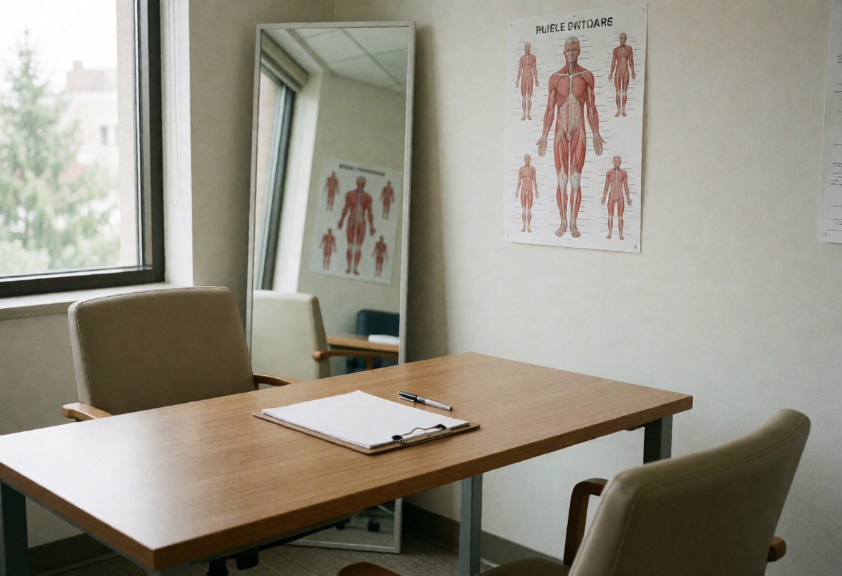 Professional deep tissue massage treatment room featuring a massage table, wall mirror, and visible muscular anatomy poster for client education.
