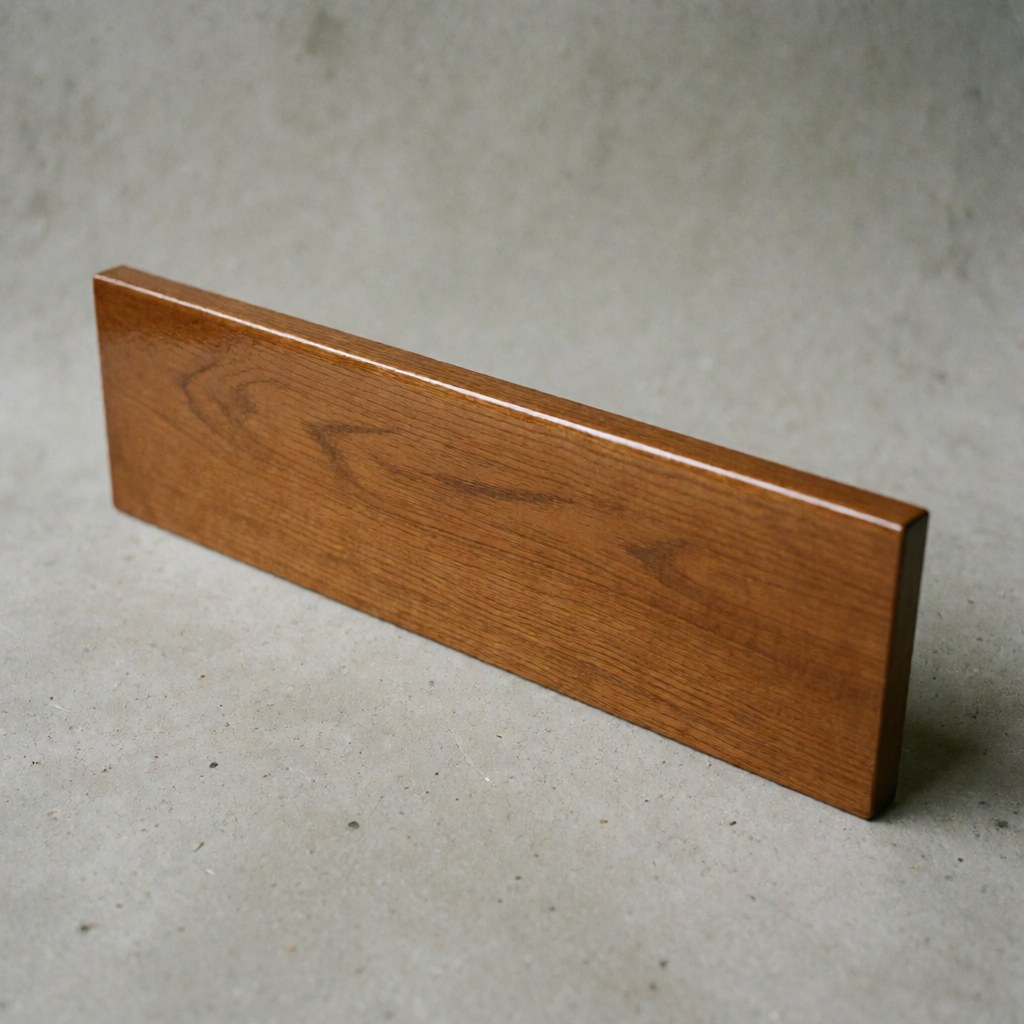 Close-up of a polished wooden drawer front with a glossy finish and visible grain texture, placed on a gray concrete background, ideal for furniture restoration products.