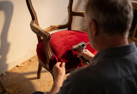 Carpenter using a nail gun to attach red velvet fabric to an antique wooden chair in a workshop with warm lighting.