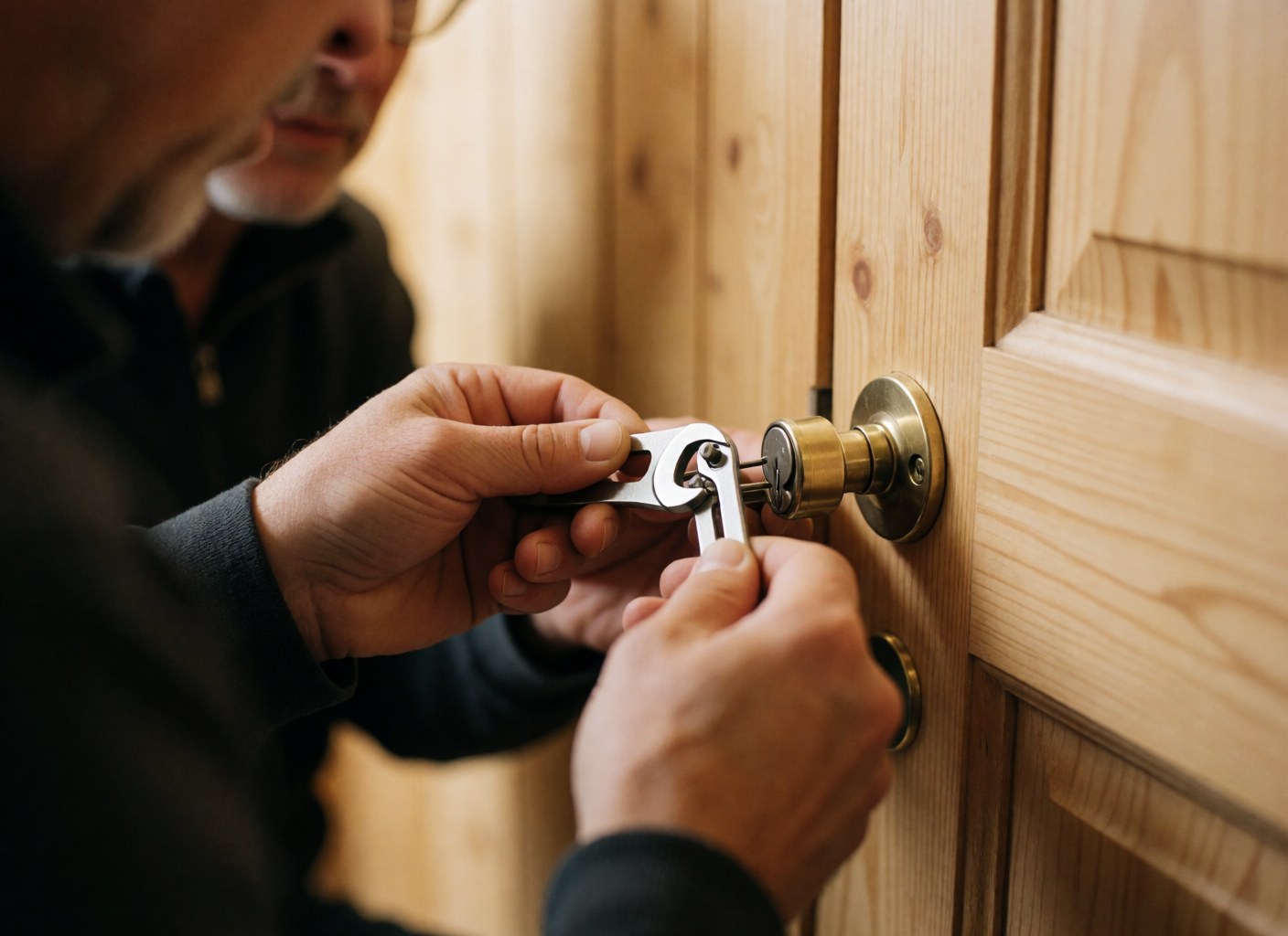 Close-up of an adult hand using a tool to repair a lock on a light wood paneled door with warm lighting and a blurred background.