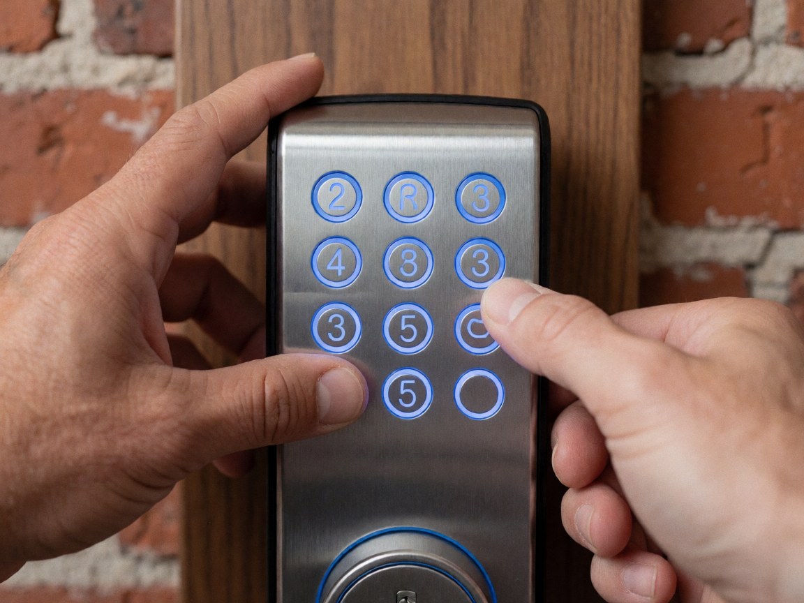 Close-up of hands pressing illuminated buttons on a digital smart padlock against a brick and wood background