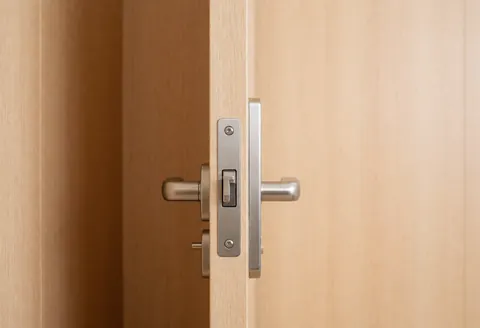 Close-up of a wooden door lock featuring a metallic handle, suitable for residential door repair and maintenance services.