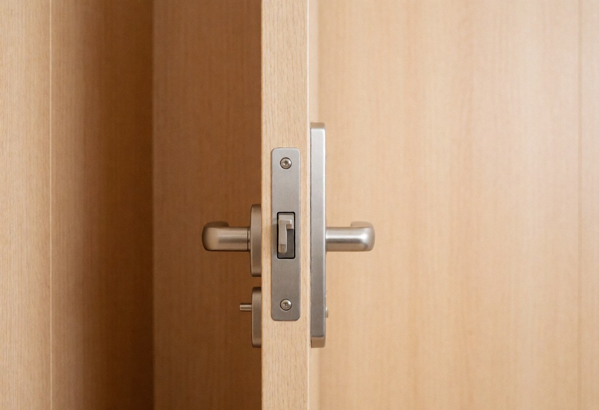 Close-up of a wooden door lock featuring a metallic handle, suitable for residential door repair and maintenance services.