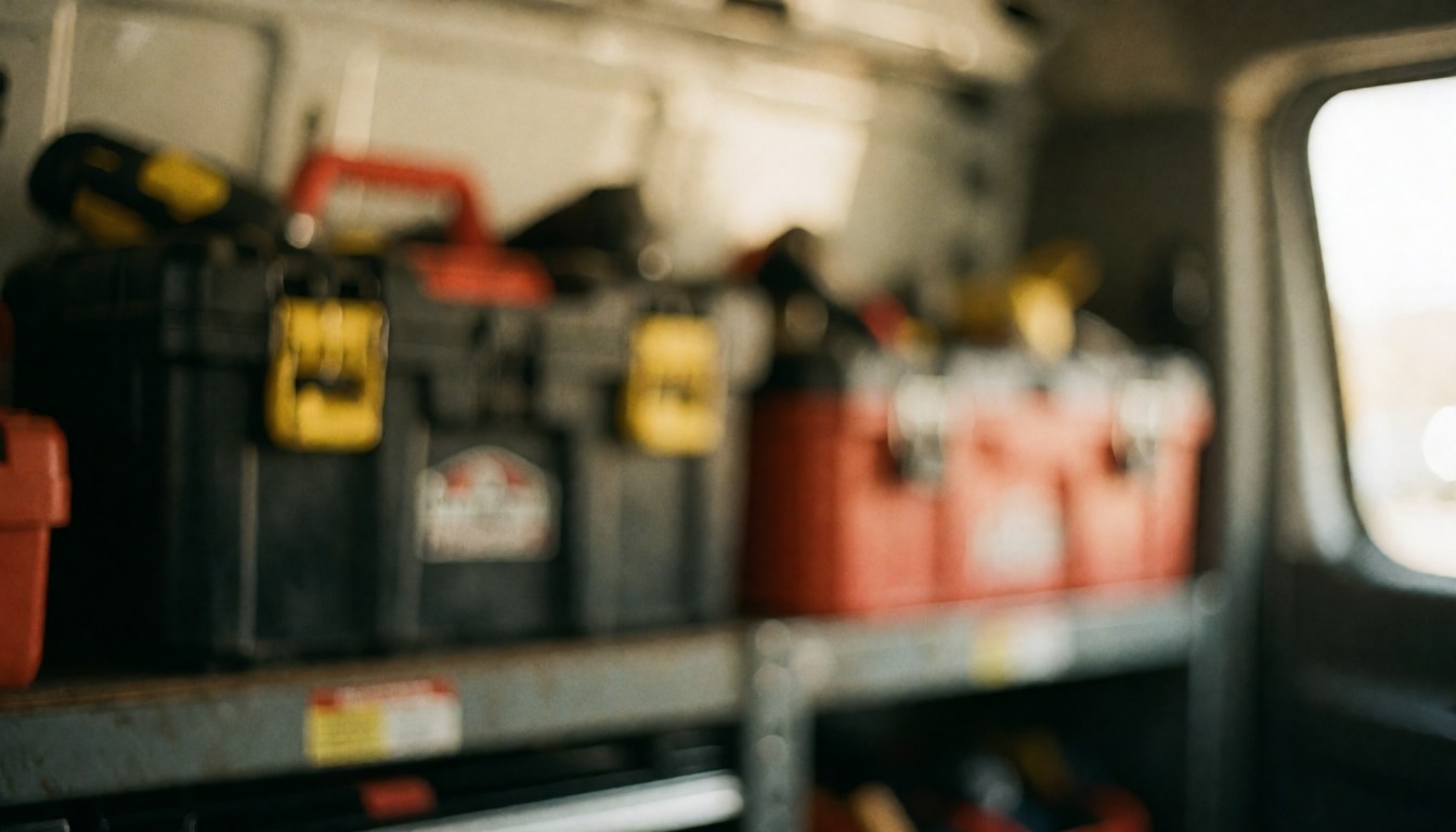 Out-of-focus interior of a work van containing toolboxes and repair equipment, providing a blurred background suitable for locksmith service text overlays.