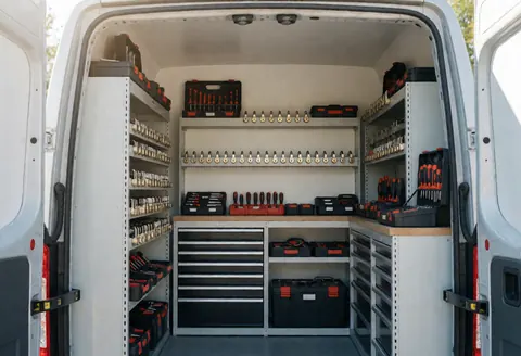 Interior of a professional locksmith van featuring organized shelves, tools, and keys illuminated by natural light