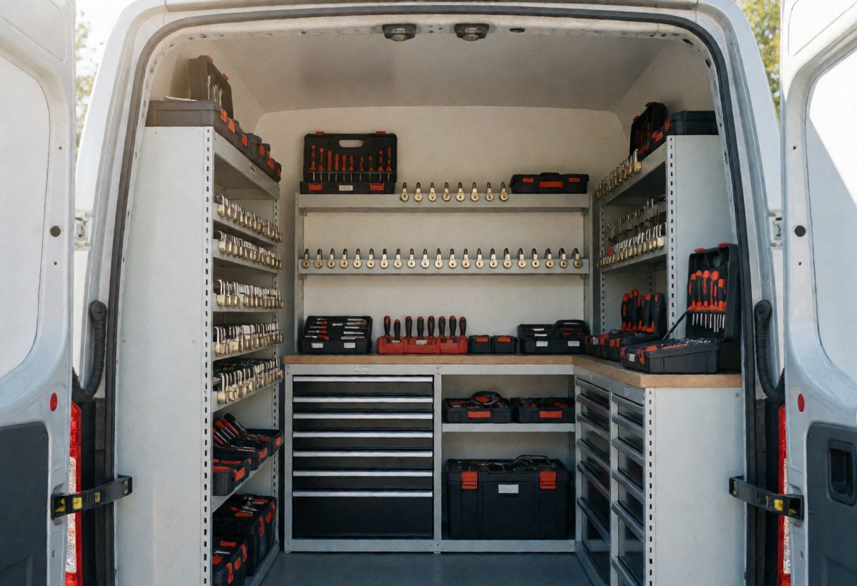 Interior of a professional locksmith van featuring organized shelves, tools, and keys illuminated by natural light