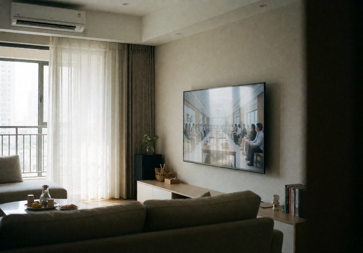 Modern living room with a wall mounted TV, natural light, minimalist furniture, and a cozy atmosphere without visible installation hardware.