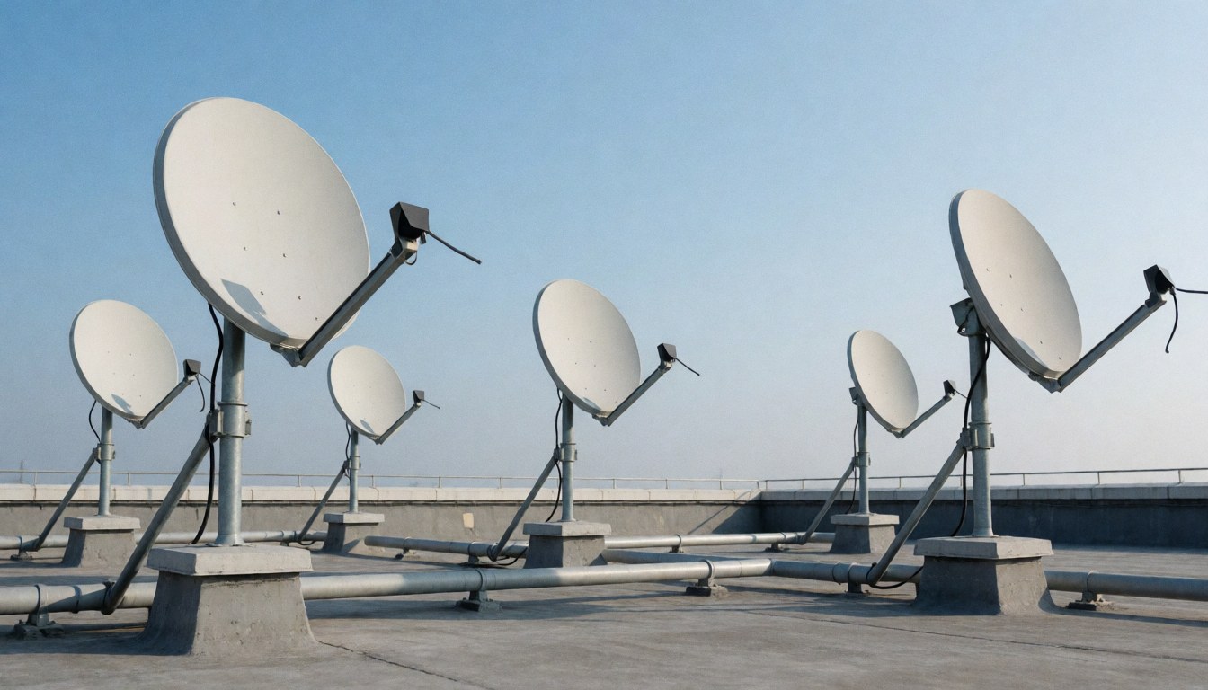 Multiple satellite dishes mounted on a concrete roof with pipes under a clear blue sky, suitable for antenna installation business backgrounds