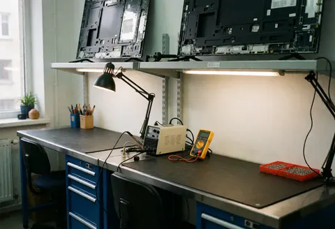 Workbench in a Tv repair shop featuring tools, multimeter, soldering iron, and disassembled Tv panels on shelves