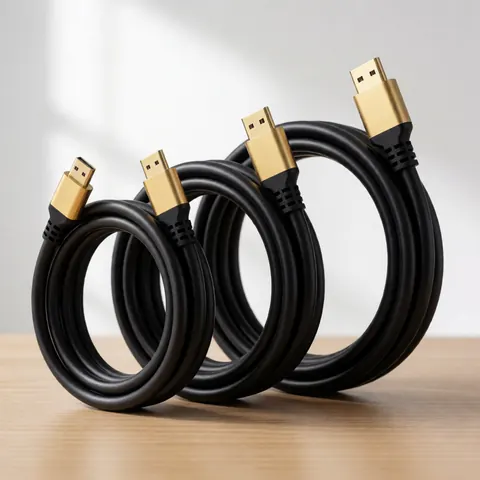 Three black HDMI cables with gold connectors coiled on a light wooden surface under soft natural light