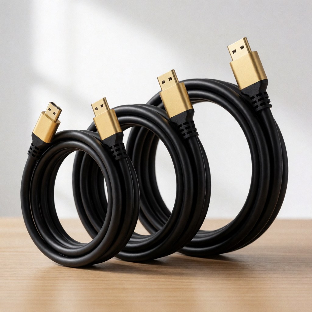 Three black HDMI cables with gold connectors coiled on a light wooden surface under soft natural light