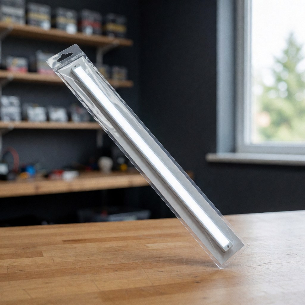 LED light kit in clear packaging on a wooden table with blurred electronic component shelves in the background and natural window light.