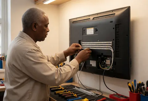 A technician installs LED backlight strips on the back of a television in a clean workshop with tools nearby