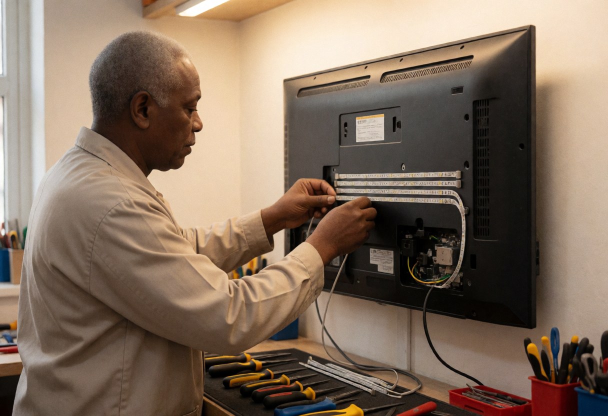 A technician installs LED backlight strips on the back of a television in a clean workshop with tools nearby