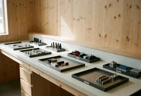 Clean, well-lit workbench featuring magnetic trays holding lock mechanisms and tools, set against light wood walls with natural lighting.