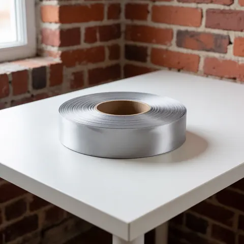 Silver satin ribbon roll on white table with red brick wall background for event decoration product display