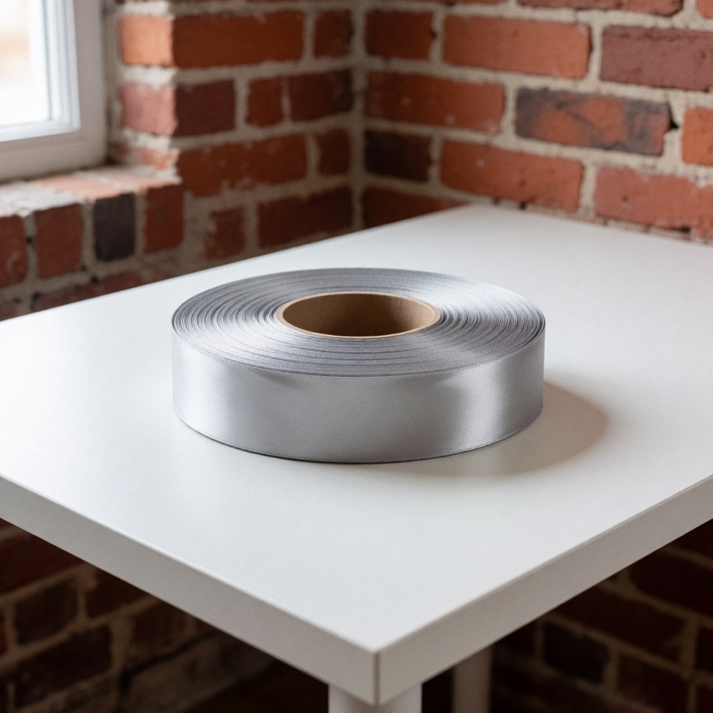 Silver satin ribbon roll on white table with red brick wall background for event decoration product display
