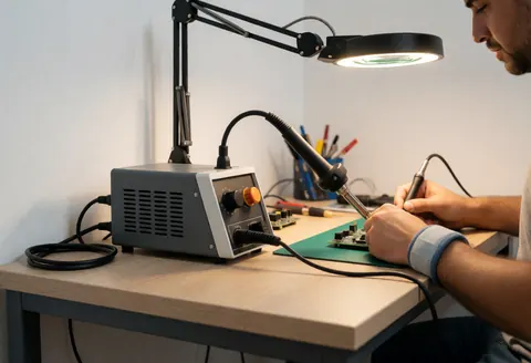 Close-up of a technician using a soldering iron to repair an electronic circuit board on a clean workbench under magnifying lamp light.