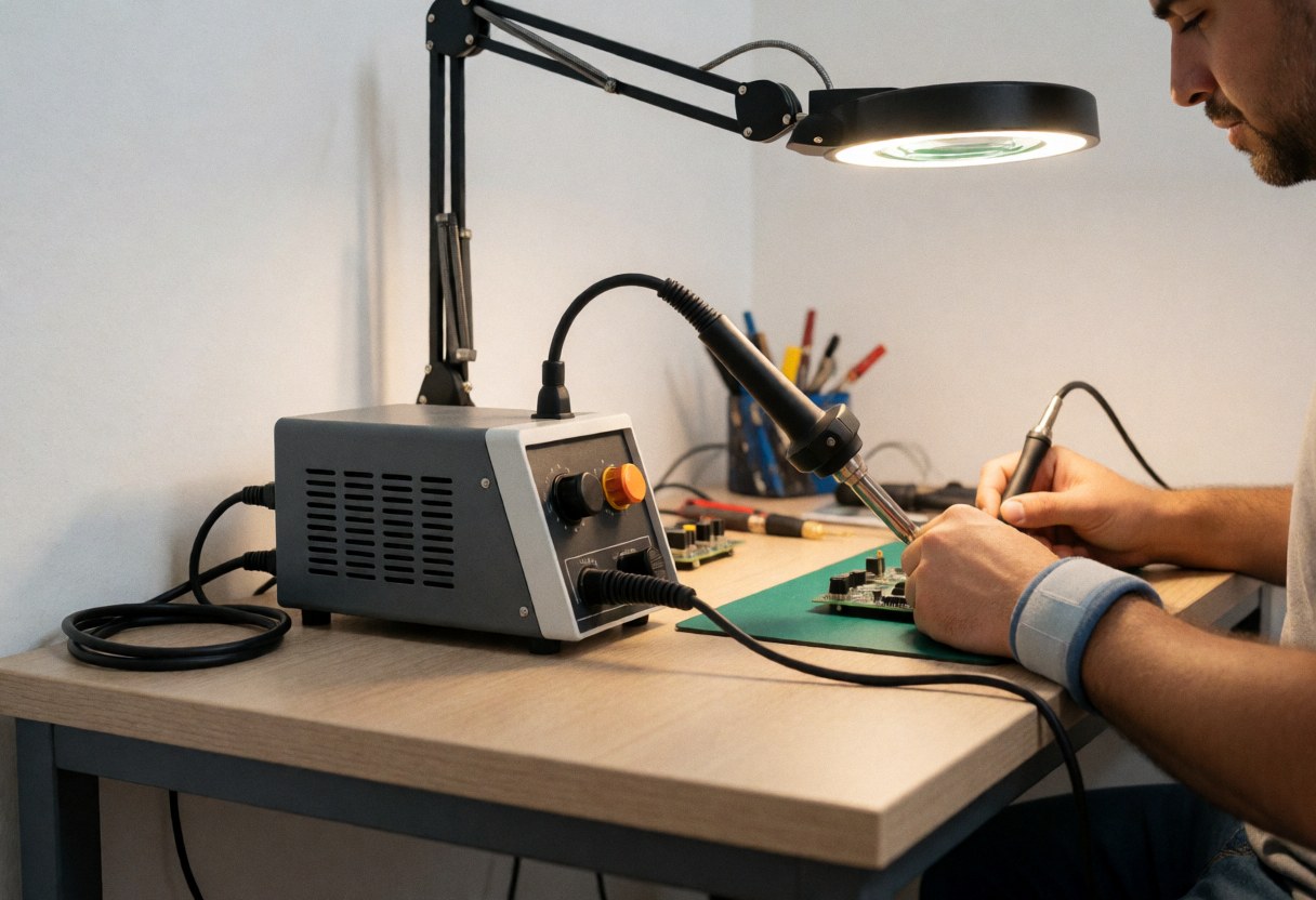 Close-up of a technician using a soldering iron to repair an electronic circuit board on a clean workbench under magnifying lamp light.