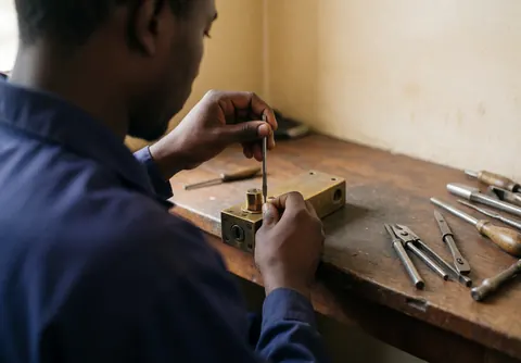 Close-up of a locksmith using a screwdriver to adjust bronze lock pins on a wooden workbench with tools and natural lighting