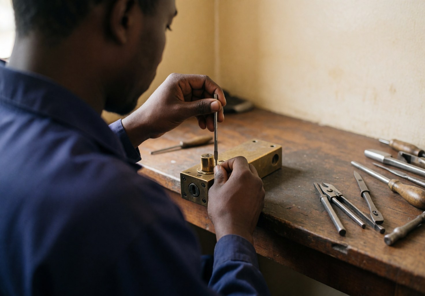 Close-up of a locksmith using a screwdriver to adjust bronze lock pins on a wooden workbench with tools and natural lighting