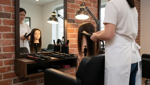 Professional stylist using a flat iron on a mannequin with long hair in front of a mirror in a salon with brick walls and warm lighting
