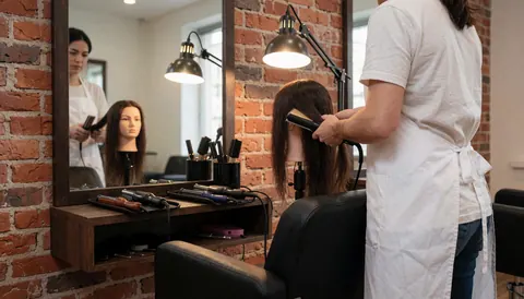 Professional stylist using a flat iron on a mannequin with long hair in front of a mirror in a salon with brick walls and warm lighting