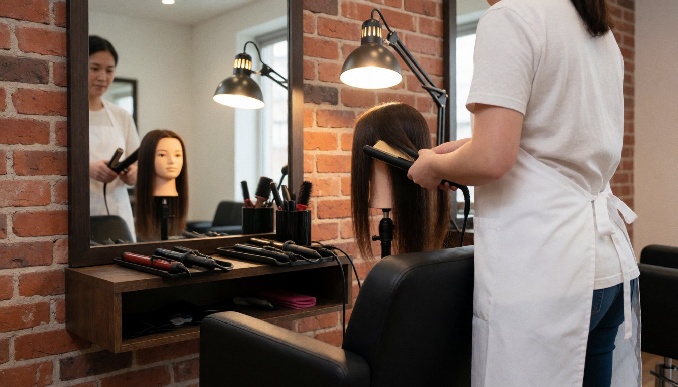 Professional stylist using a flat iron on a mannequin with long hair in front of a mirror in a salon with brick walls and warm lighting