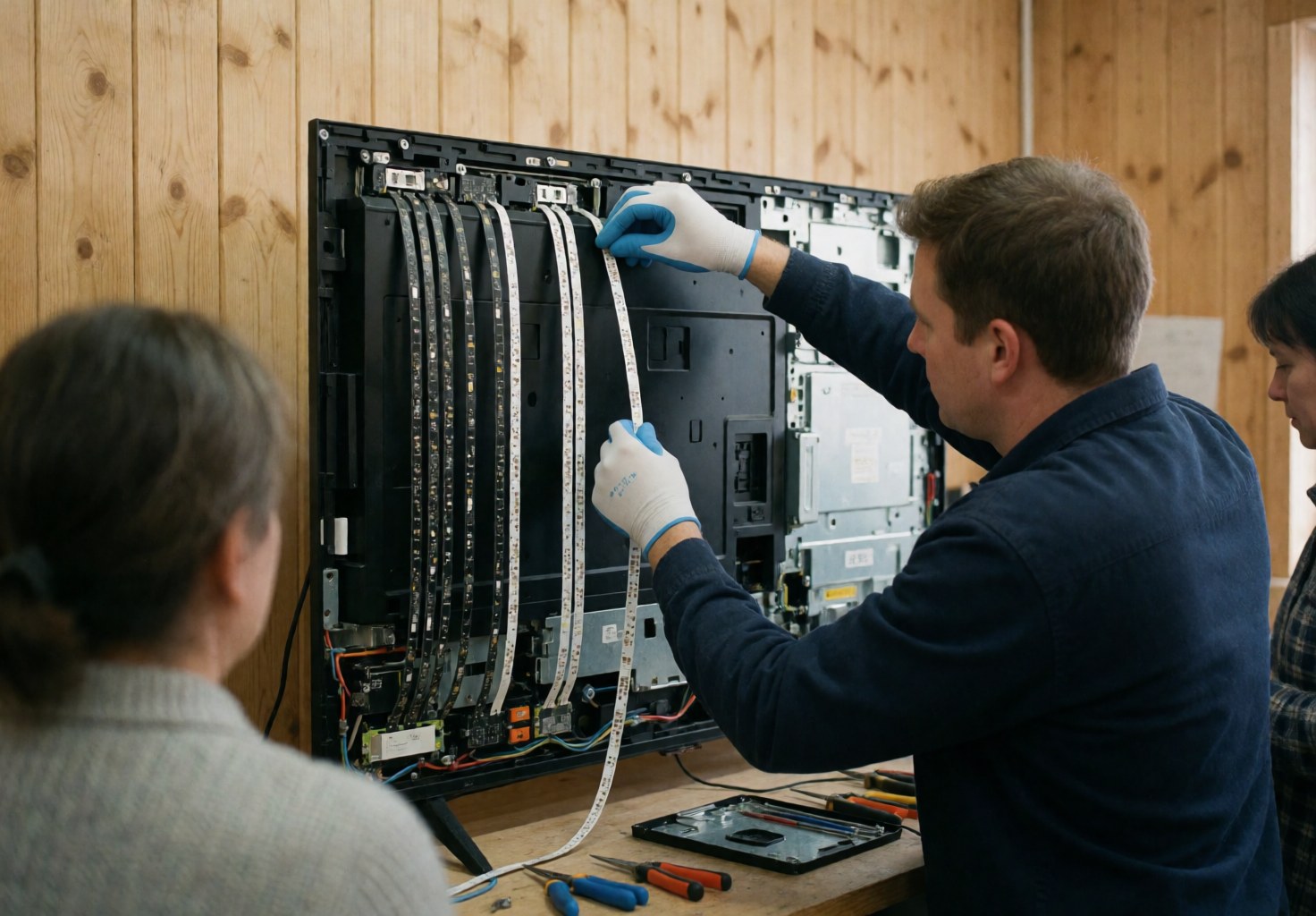 A technician wearing gloves installs a new LED strip inside a disassembled TV, surrounded by tools and a wooden wall background.