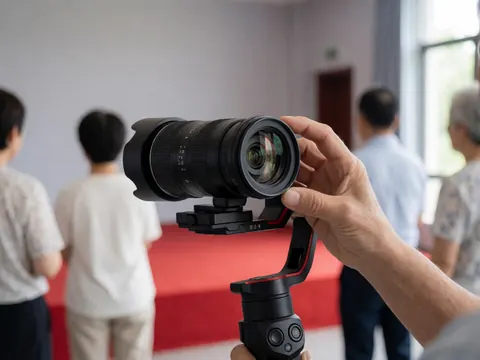 Professional camera with large lens on black gimbal adjusting focus ring. Red carpet and graduation stage figures in background.