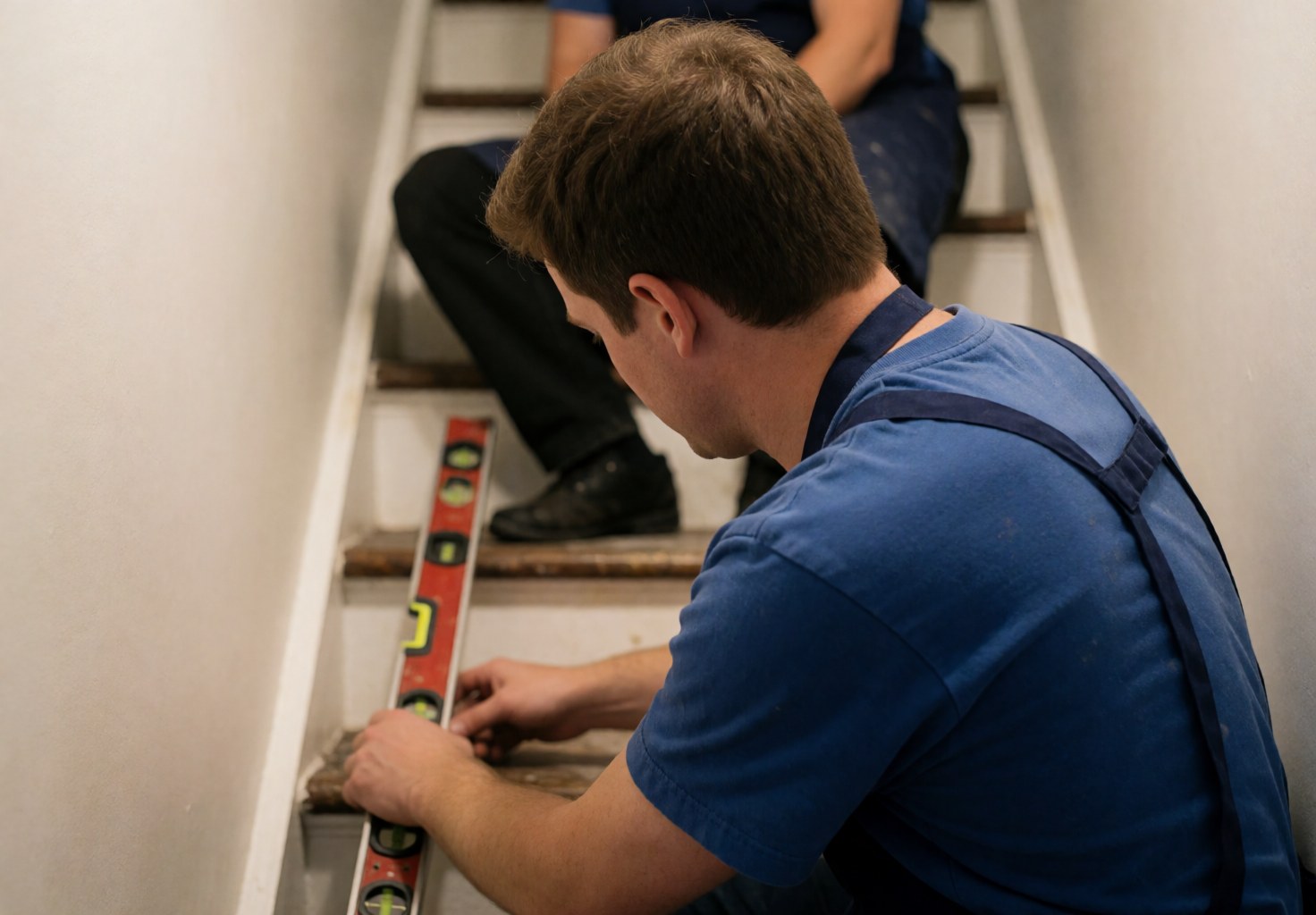 Back view of a worker in blue adjusting a stair step with a level against a white wall with warm lighting