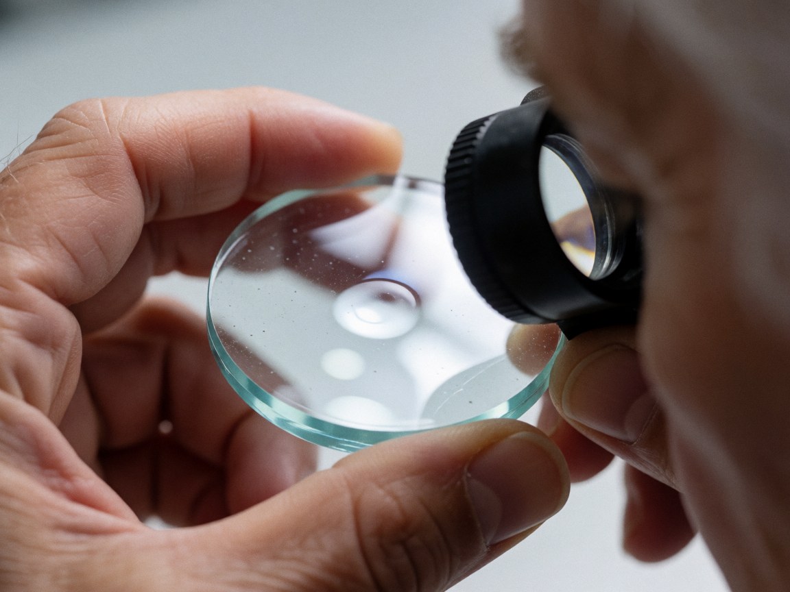 Close-up of a watchmaker's hands examining a watch crystal using a magnifying glass, highlighting surface details and reflections with selective focus and natural lighting.