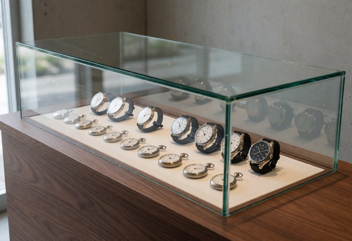 Glass display case holding restored and digital watches on a wooden counter, illuminated by natural light in a clean professional setting