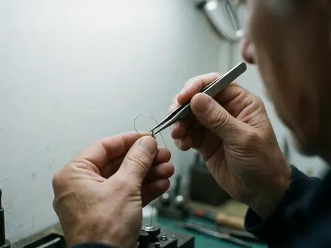 Close-up of precision tweezers manipulating a watch spring on a workbench with blurred tools in the background