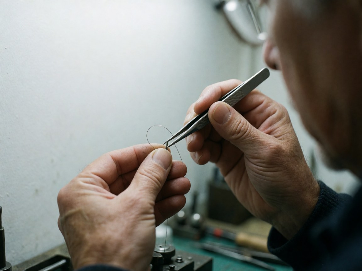 Close-up of precision tweezers manipulating a watch spring on a workbench with blurred tools in the background