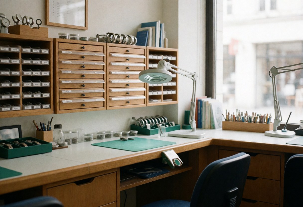 Clean watch repair shop interior featuring wooden shelves, visible tools, and a workbench with magnifying light for professional repairs.