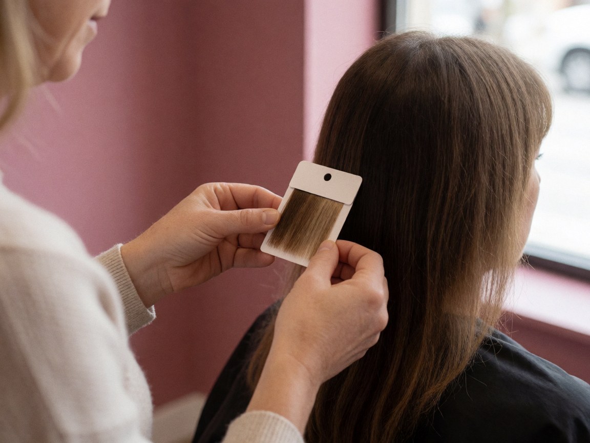 A stylist holds a rectangular hair extension sample next to a seated client against a pink wall with natural side lighting, showing hands and tools.