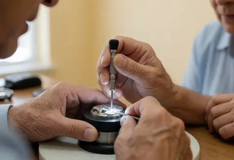 A watchmaker uses a precision screwdriver to adjust a watch balance wheel on a stand in a beige workshop while another person observes in the background