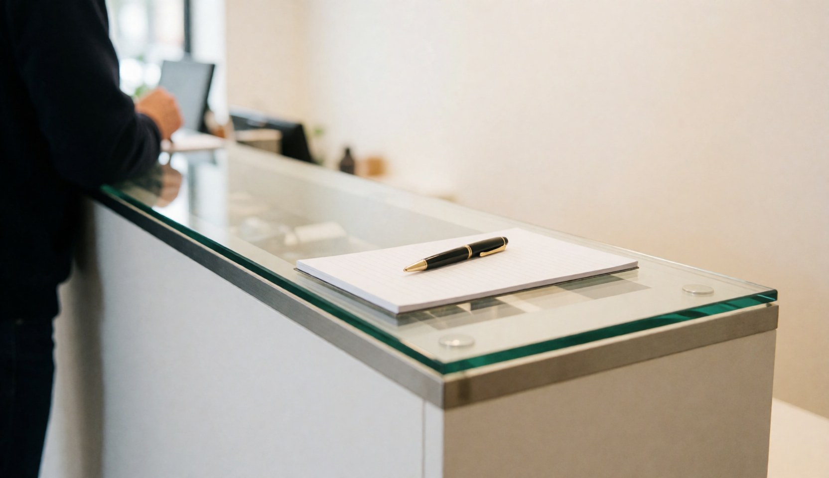 Clean modern reception desk with a pen and notebook, ideal for watch repair shops, featuring a blurred background with light walls.