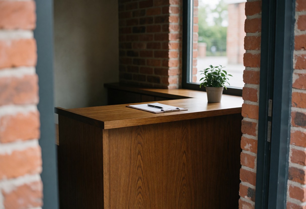 Polished wooden desk in a watch repair workshop featuring a plant, notebook, exposed brick walls, and natural light from a window.