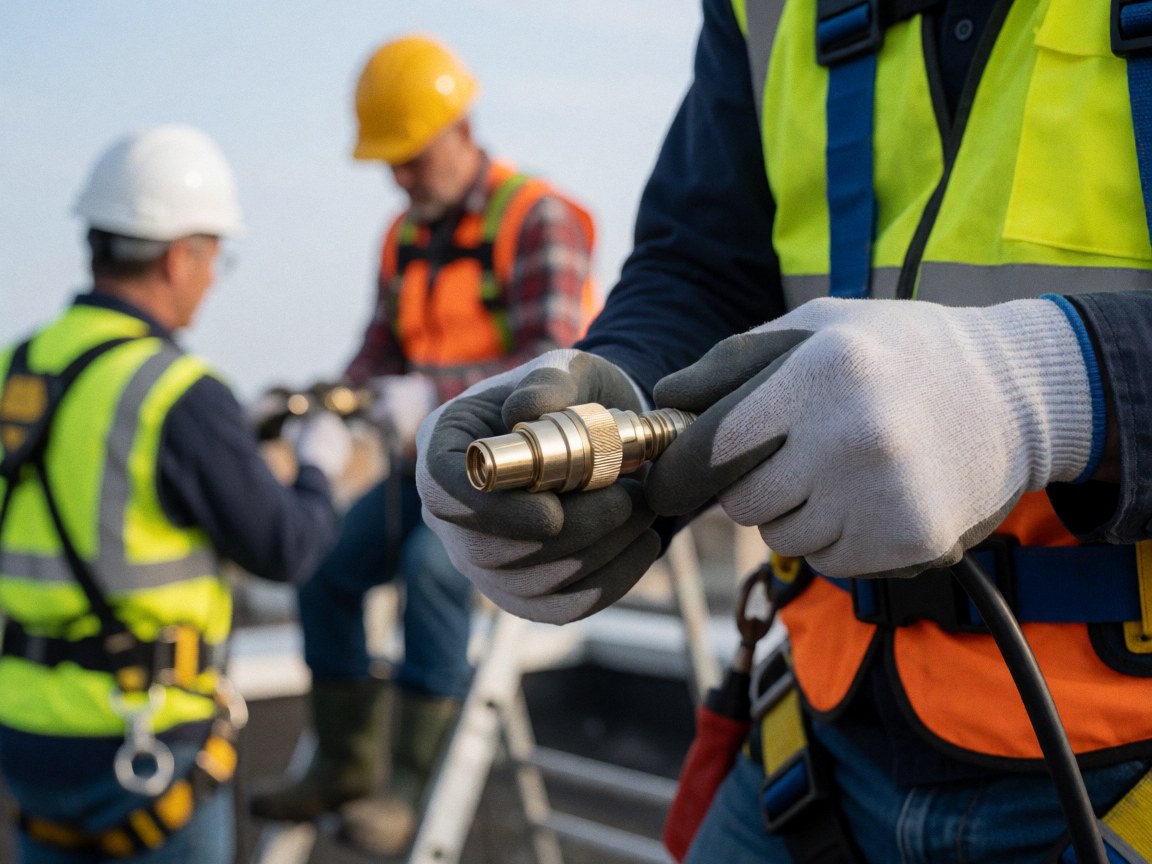 Close-up of a technician wearing safety gear connecting an F connector to an antenna on a roof with other workers in the background