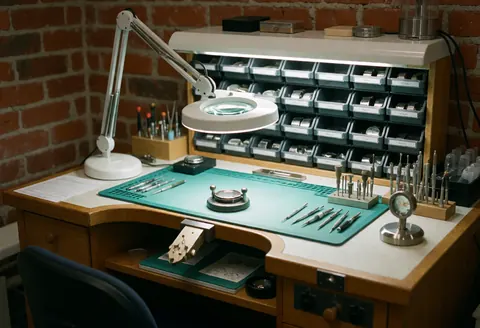 Watch repair workbench featuring precision tools, task lights, and parts organizers on a red brick background