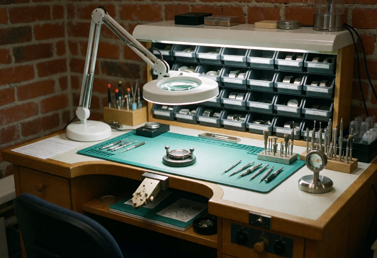Watch repair workbench featuring precision tools, task lights, and parts organizers on a red brick background