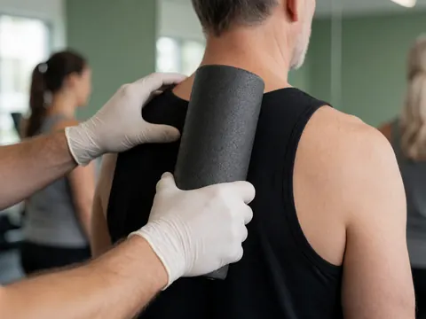 Therapist wearing gloves applying sports massage with a foam roller on a client's shoulder in a modern gym with green walls